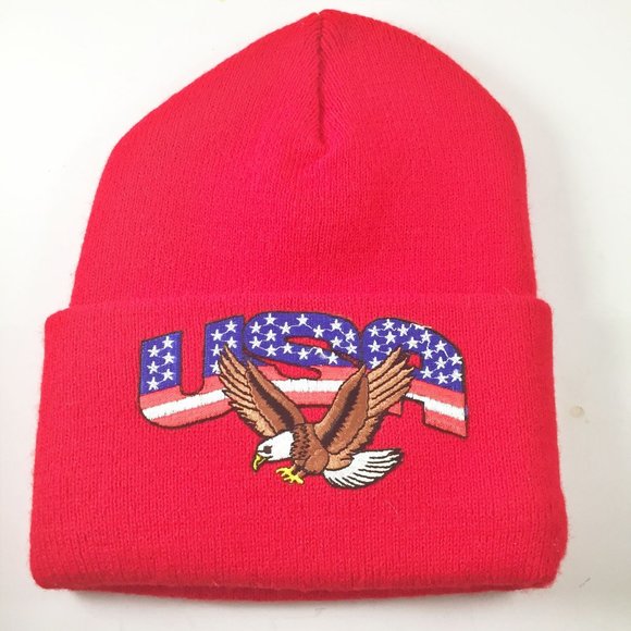 New Red Stocking Cap USA Embroiderded Eagle Flag Patriot Kids Adults Made in USA - Picture 1 of 2